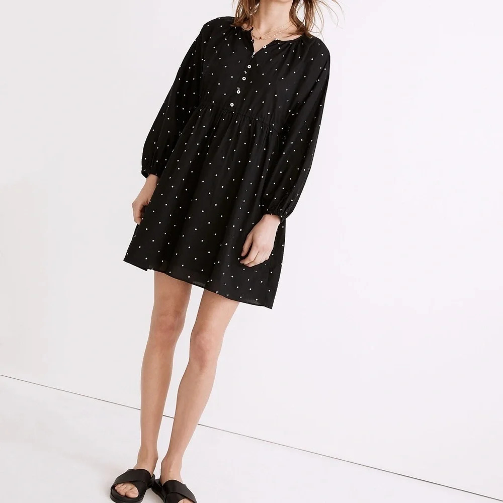 New Madewell Button-Front Tie-Waist Mini Dress Black Square Spot Print NWT